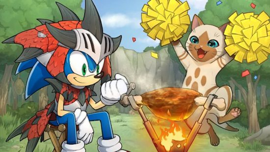 Sonic Frontiers DLC - Sonic is wearing armour made from the carcass of a Rathalos. He is sat on a bench in a forest cooking meat on a makeshift campfire. A cat-like creature is cheering him on with pompoms.