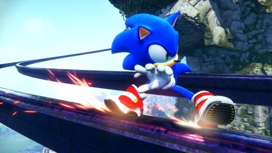 Sonic Frontiers DLC - Sonic is grinding on a rail in mid-air while wearing his Soap Shoes. They are red with a white stripe and have special soles with a plastic tube for easier grinding.