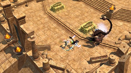Games like Diablo Titan Quest: The hero of Titan Quest exploring the Great Pyramids, with open sarcophagi displaying the mummified remains within, while an enormous anthropomorphic scorpion advances upon them, a sword held in its claw.