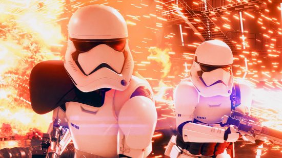 Star Wars VR game in the works, as EA's Battlefront 2 gets modded: Stormtroopers in white armour attack as the scene explodes behind them