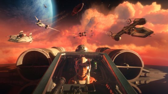 Star Wars Squadrons free game: A pilot is seen through the cockpit canopy of an X-wing fighter, flying point in a squadron of five ships through a red-tinged bank of clouds