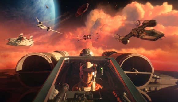 Star Wars Squadrons free game: A pilot is seen through the cockpit canopy of an X-wing fighter, flying point in a squadron of five ships through a red-tinged bank of clouds