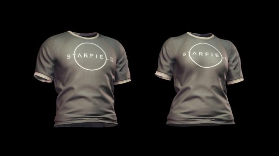 Cyberpunk 2077 Starfield release date t-shirt mod: Black his and hers ringer T-shirts with the Starfield logo emblazoned on the chest