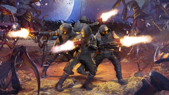 Starship Troopers FPS game: Four Mobile Infantry soldiers fire at a swarm of encroaching bugs in Starship Troopers: Extermination