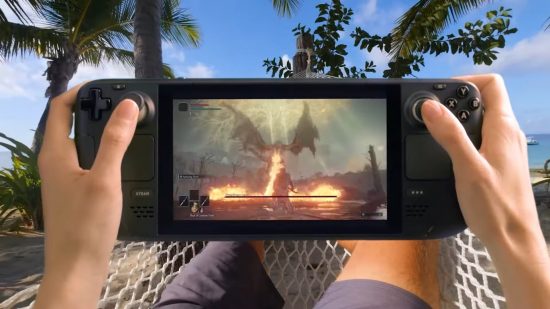 Steam Autumn Sale 2022 dates: Hands holding a Steam Deck displaying an Elden Ring dragon fight, in the background there are palm trees and feet reclining in a hammock on the beach