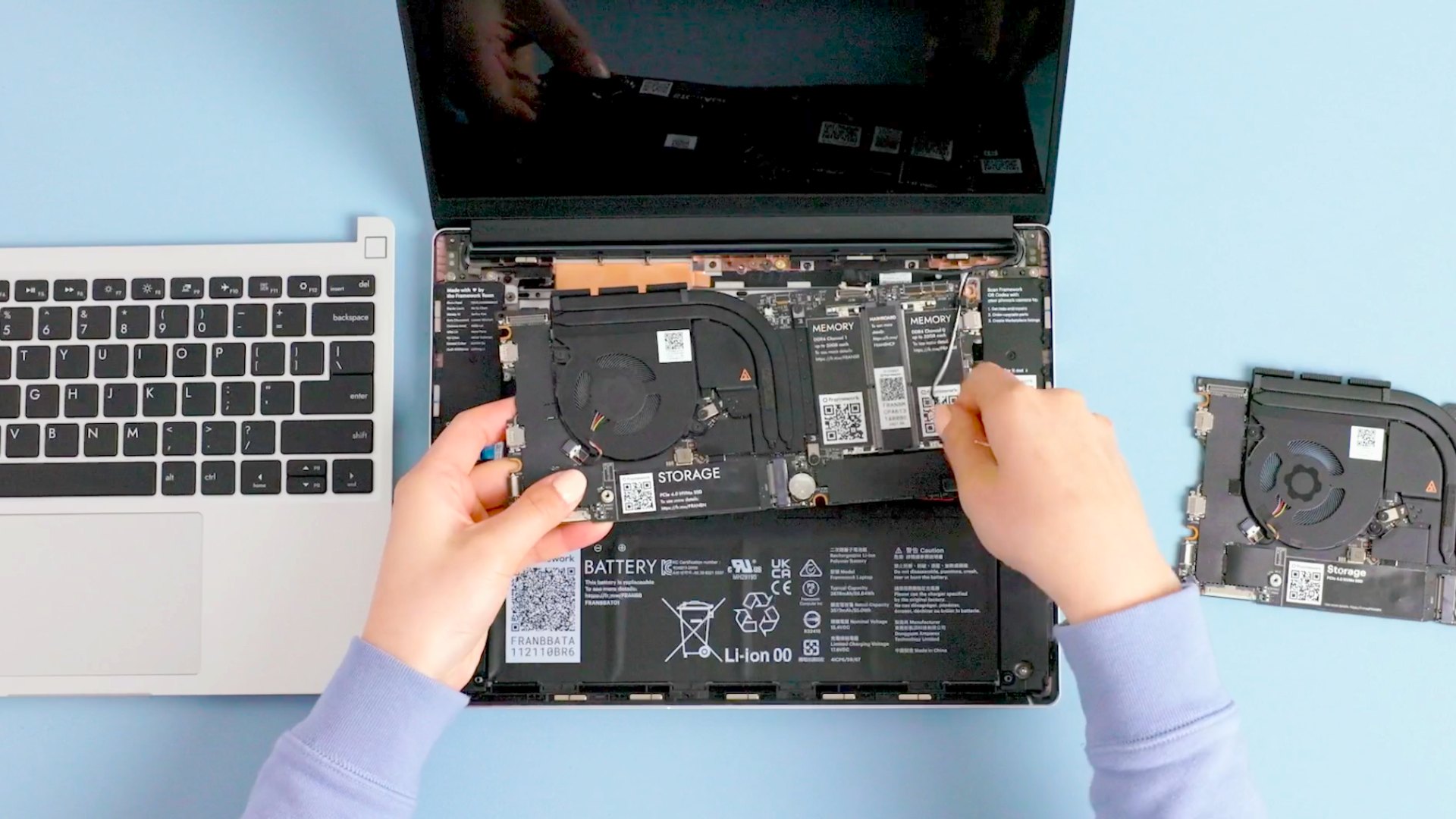 Inside a Modular Framework laptop with parts labeled