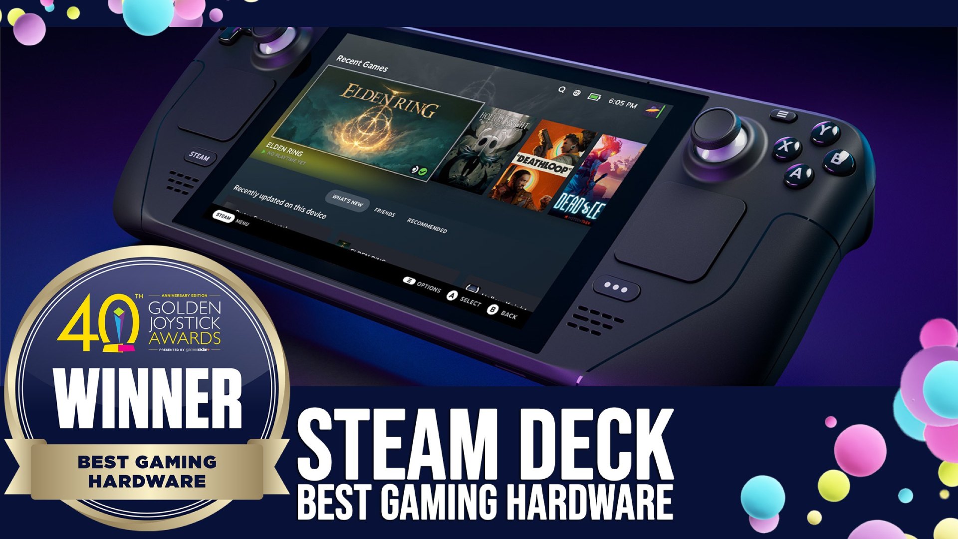 Steam Deck Golden Joystick awards graphic with handheld and event logo on left