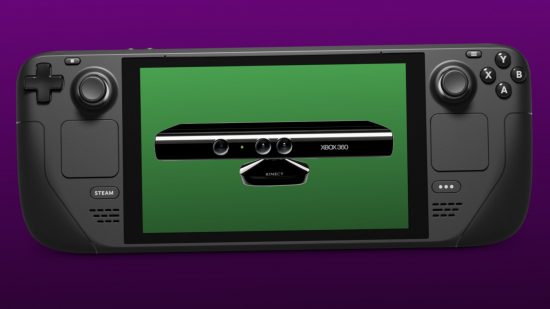 A Steam Deck against a purple background, with an Xbox Kinect on its display