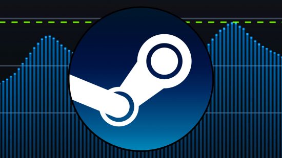 Steam player count record - the Steam logo in front of charts showing an upward trend in users