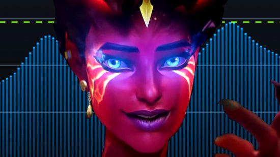 Steam player count record - Queen of Pain from Dota 2, a red demon lady with glowing blue eyes, in front of a graph showing increasing user numbers on Steam