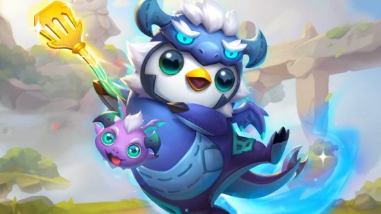 Teamfight Tactics patch 12.22: A pengu knight wearing a dragon outfit leaps while holding a golden spatula