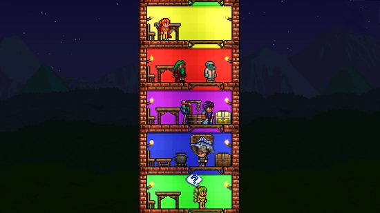 Terraria 1.4.4 update - a tower of NPCs in distinctly coloured rooms