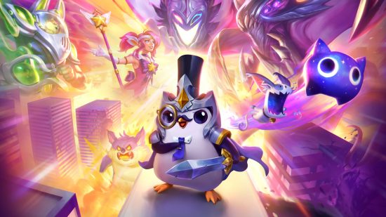 A small penguin wearing a monocle and top hat over his crown stands against a city backdrop as superheroes and villains fly around him