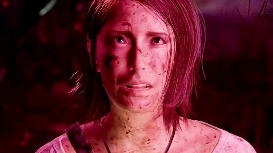 Steam horror game The Chant - a lady with mid-length hair in a plain white top is covered in dirt and blood, looking afraid