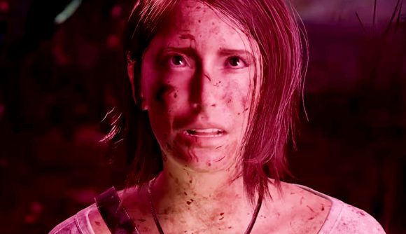 Steam horror game The Chant - a lady with mid-length hair in a plain white top is covered in dirt and blood, looking afraid