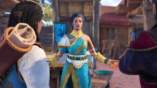 The Settlers: New Allies release date: A woman in ornate robes welcomes travelers to a rustic settlement