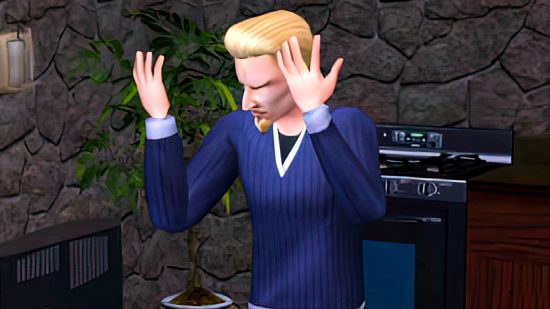 The Sims 2 - a man in a blue sweater throws his hands up in despair