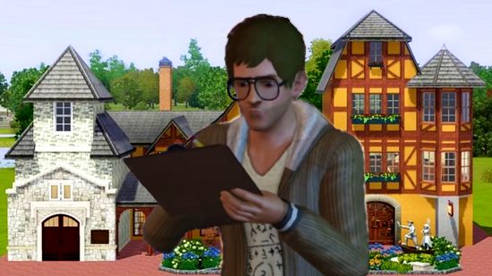 The Sims 3 Disney World - a man with large glasses makes notes on a clipboard in front of a recreation of the Pinocchio Village Haus