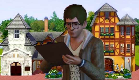 The Sims 3 Disney World - a man with large glasses makes notes on a clipboard in front of a recreation of the Pinocchio Village Haus