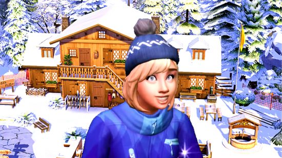The Sims 4 - a sim in a blue sweater and wooly hat outside a two-storey wooden lodge in the snow, created by Fab Flubs