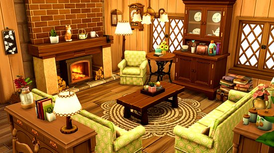 The Sims 4 house build - inside of the wooden winter lodge from Fab Flubs, with cosy seating around a roaring log fire