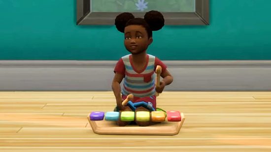 Sims 4 CC lets kids get creative, and it's absolutely adorable - a child kneels on a wooden floor, playing a small xylophone with two sticks (credit: Toddler creativity pack by Pandasama)
