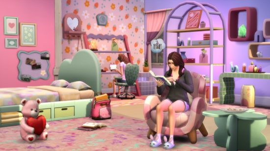 The Sims 4 new kits: A woman reads a book while thinking of a castle and sitting on a rounded seat in a pink-themed bedroom, and a roommate sits at a desk in the background facing the floral-print wall