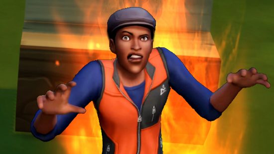 The Sims 4 update - a man in a blue and orange jacket with a grey flat cap makes a scary face as flames burn behind him