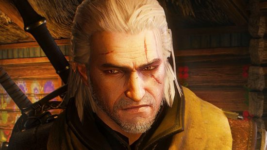The Witcher enters Crusader Kings in Steam strategy game overhaul mod: A long-haired, yellow-eyed Witcher, Geralt, stands in a tavern