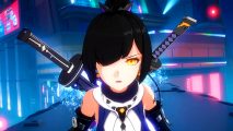 Tower of Fantasy new character Saki Fuwa release date and trailer - a woman with twin swords on her back stares intently at the camera, her dark hair falling over one of her golden eyes