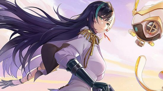 Tower of Fantasy server transfers are delayed thanks to hackers: An anime girl with black hair with blue streaks wearing a white blouse looks over her shoulder at the camera on a desert background