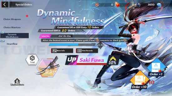 Tower of Fantasy upcoming banners: The Dynamic Mindfulness event banner, featuring the Saki Fuwa simulacrum with her Heartstream weapon.