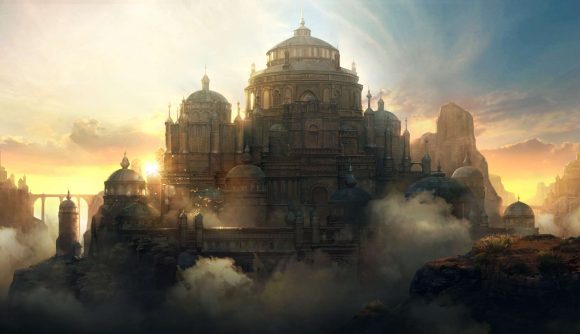 An enormous walled city looms in the skyline in key art for Traha Global