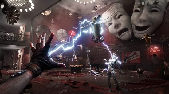 Upcoming PC games: The protagonist of Atomic Heart using the experimental power glove to zap hostile robots with electricity in a theatre.