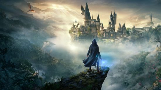 Upcoming PC games: A wizard stands at the edge of a cliff overlooking Hogwarts, half-consumed by mist.