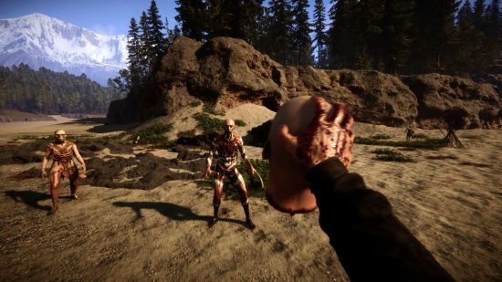 Upcoming PC games: The protagonist of Sons of the Forest proferring a decapitated head to a couple of cannibals standing on the deserted island's beach.