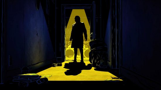 Upcoming PC games: Bigby Wolf, the protagonist of The Wolf Among Us, standing in a doorway, the yellow light behind him turning his likeness into a silhouette.