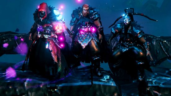 Valheim Mistlands update preview build - three characters in new black and red armour, holding magic staffs and surrounded by pink sparkles