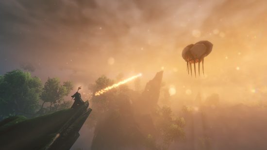 Valheim Mistlands interview - wide shot of a character atop a rocky outcrop firing off a fireball across misty skies towards a large, floating, tick-like Gjall