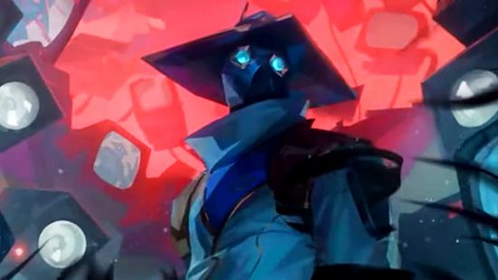 Valorant - Cypher, a mysterious figure in a mask with glowing blue eyes and a wide-brimmed hat