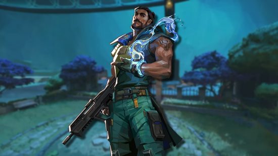 An Indian man wearing combat gear with a gauntlet shooting water on an underwater cityscape background