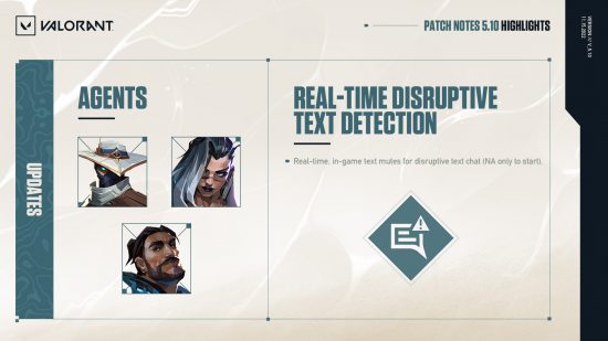A Valorant patch 5,10 infographic showing Fade, Cypher, and Harbor as well as a text box with a caution sign on it