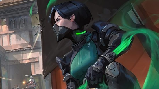 Valorant clutch from YouTuber Valkyrae leaves FPS fans speechless: A woman with short black hair wearing a gas mask has green gas swirling around her as she crouches behind a box getting shot at