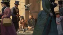Victoria 3 patch 1.0.4: A young child, presumably an orphan, sits with a man on the side of a busy Victorian street and tries on his top hat