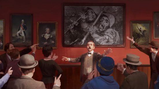 Victoria 3 patch 1.1 - A man in a brown three-piece suit attempts to calm down a crowd of gallery patrons who appear to be angry about a depiction of the horrors of war showing two skeletal soldiers in a trench