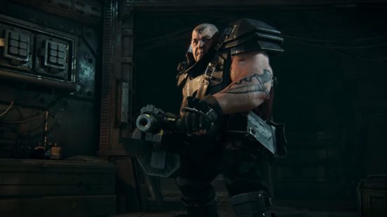 Warhammer 40k: Darktide pre-order beta crash bugs: An ogryn fighter readies a big firearm in a dark metallic corridor