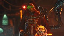 Warhammer 40K: Darktide crafting - Tech-Priest Hadron Omega-7-7, a figure in a heavy metal mask and crimson robes holding a skull