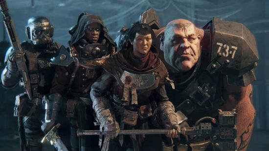 Warhammer 40K Darktide review: Four rejects, a veteran sharpshooter, psyker psykinetic, zealot preacher, and ogryn skullbreaker, prepare to receive their orders