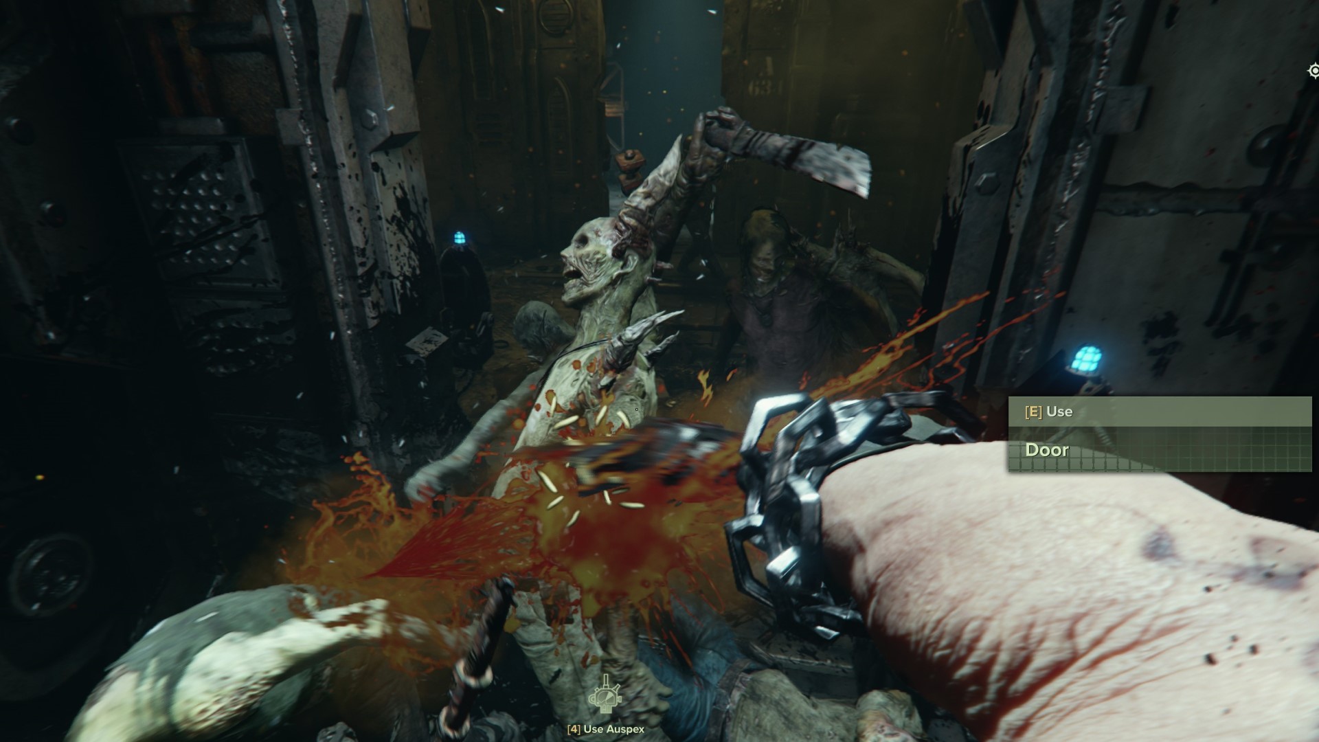 Warhammer 40k Darktide reivew: An ogryn stabs a horned poxwalker, sending a shower of bile and blood across the screen