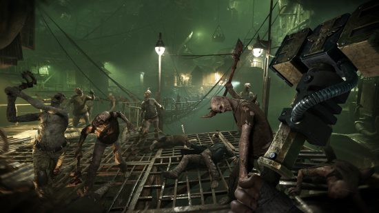 Warhammer 40k Darktide update 1.07: Chaos-touched, zombified humans shamble toward a character holding a massive hammer on a catwalk ledge overlooking an industrial chasm shrouded in green mist